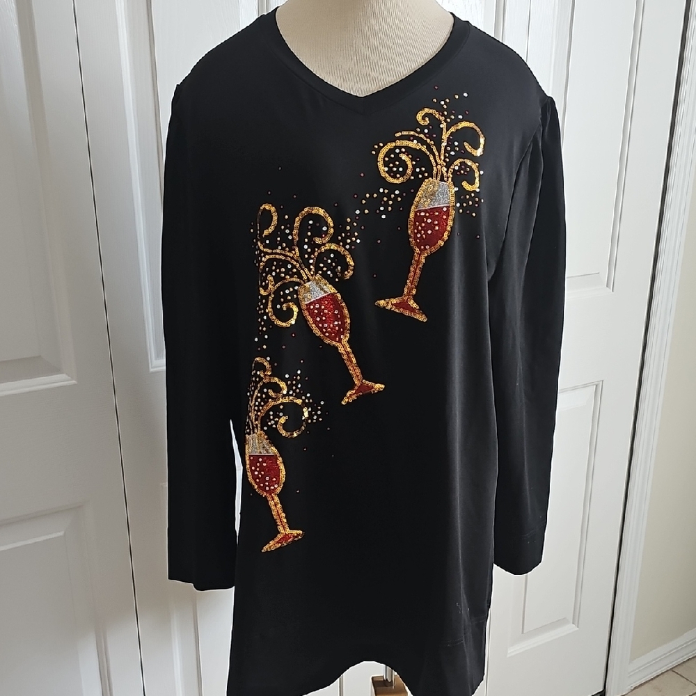 Berek Black Long Sleeve Top with Gold Red Champagne Glass Design. NWOT. Size XXL